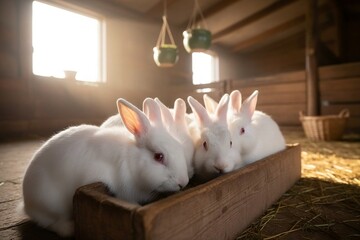 Barn Bunnies in Sunlight, Fluffy White Rabbits Feeding, Rustic Farmhouse Bunnies

