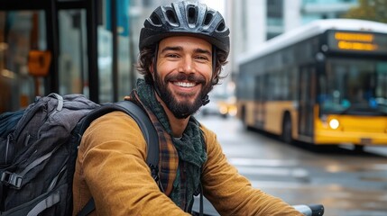 Smiling man wearing a helmet and backpack outdoors in an urban setting with a yellow city bus in the background