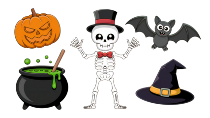 Spooky fun Halloween characters, a grinning jack-o'-lantern, playful skeleton, bubbling cauldron, and a witch's hat create festive holiday vibes