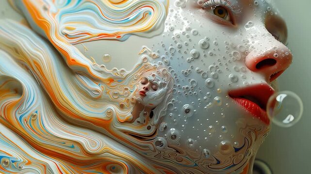 Surreal fluid portrait of woman in subconscious dream state with multiple faces blowing bubbles