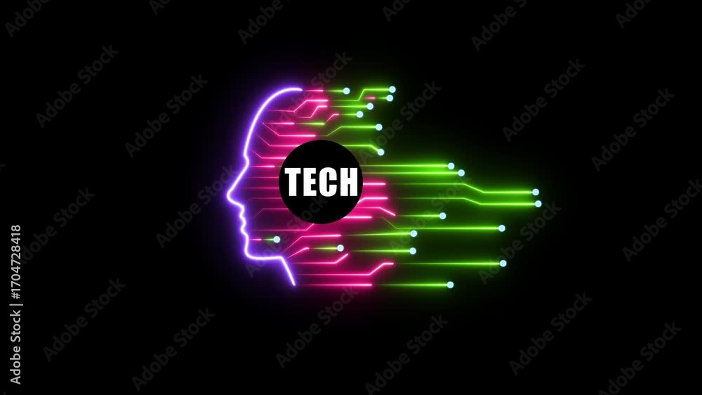 Poster white tech text inside a neon head silhouette with circuit board lines and data points on black back
