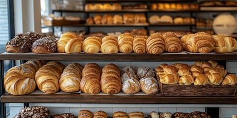 Shelves filled with an assortment of fresh baked bread and pastries including croissants, baguettes, and rolls in a cozy bakery setting