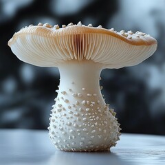Close-up of a white mushroom with textured stem and detailed gills on a reflective surface against a blurred background