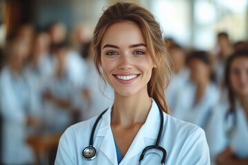 Smiling female healthcare professional with stethoscope standing confidently in front of a group of colleagues in a bright medical environment