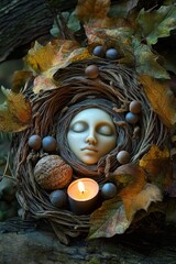 Serene pale sculpted face surrounded by a nest of intertwined twigs, autumn leaves, nuts, and a glowing candle, evoking peacefulness and natural harmony