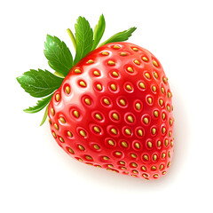 A ripe red strawberry with green leaves on a white background