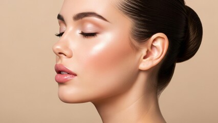 Stunning woman's face with flawless makeup and glowing skin