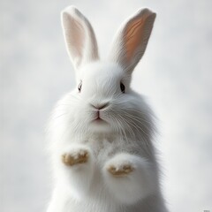 Obraz premium Close-up of a fluffy white rabbit with prominent ears and soft fur looking directly at the camera