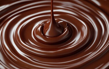 Close-up of smooth, glossy liquid chocolate being poured and swirling in rich, creamy rings creating an indulgent and delicious visual effect
