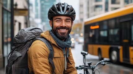 smiling man wearing a bicycle helmet and a backpack standing next to his bicycle on a busy city street with a yellow bus in the background