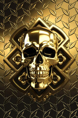 Golden Shiny Skull with Gothic Pattern Background