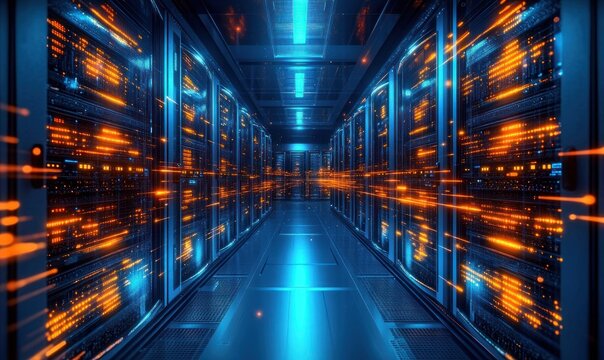 Futuristic data center corridor with glowing orange and blue lights on server racks symbolizing high-speed digital data transfer