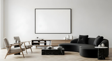 Modern minimalist living room interior design mock up with black sofa and wooden accents perfect for your advertisement