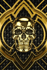 Golden Shiny Skull with Gothic Pattern Background