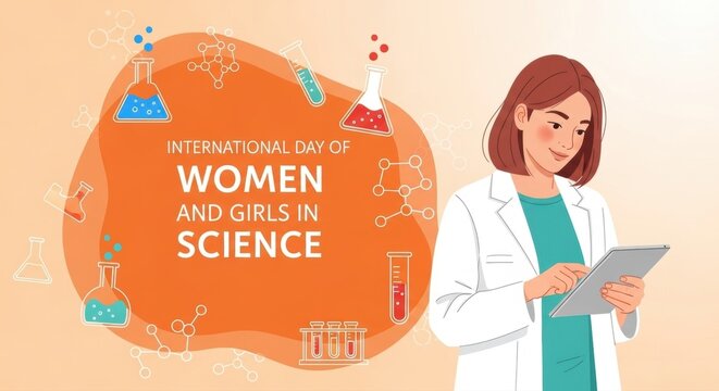 Illustration for international day of women and girls in science with scientist using tablet