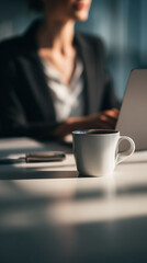 Serene break: Professional woman enjoying coffee at desk during work hours