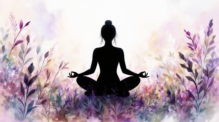 woman meditating peacefully surrounded by colorful flowers in a serene natural landscape | wellness, mindfulness, relaxation, yoga, spirituality theme