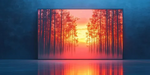 Wanddecoratie Reflectie Vibrant digital artwork of tall trees with glowing orange and red autumn leaves at sunset reflected on smooth floor in dark room  © video