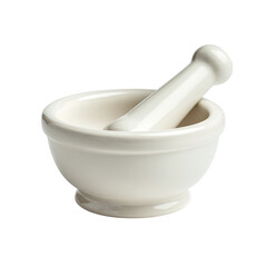 A small, white ceramic mortar and pestle