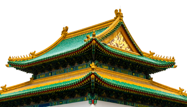 Stunning detailed view of a traditional Chinese temple roof with vibrant green and gold accents