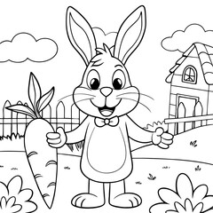 Cute Rabbit Coloring Page Bunny with Carrot Farm Animal Illustration