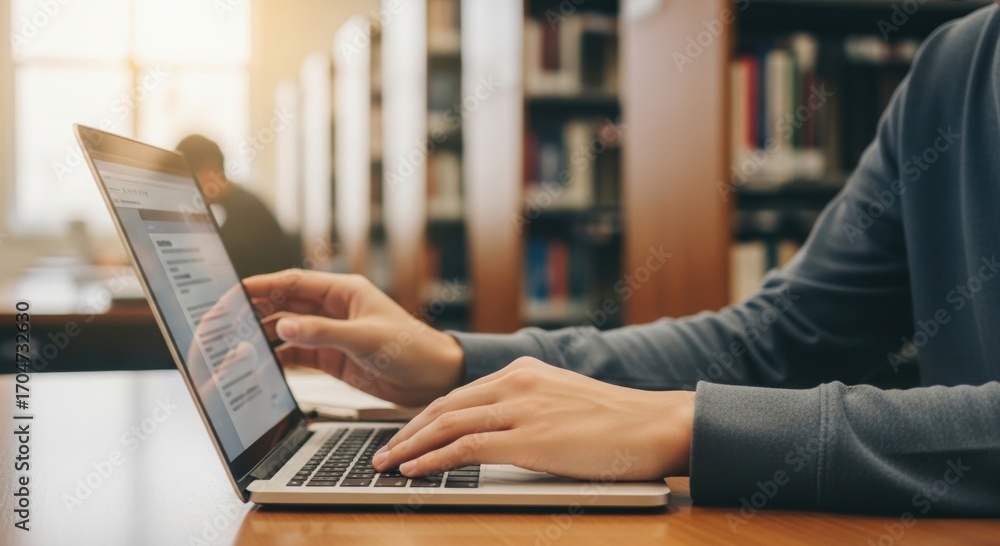 Poster laptop user library concept. person working on a laptop in a library setting.