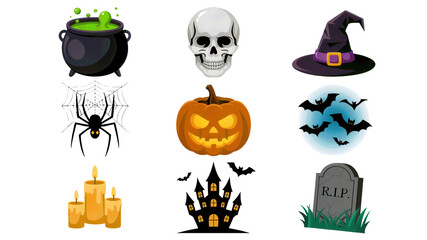 Spooky Halloween icons set featuring a grinning pumpkin, witch hat, cauldron, skull, bats, haunted house, and gravestone for festive holiday designs.