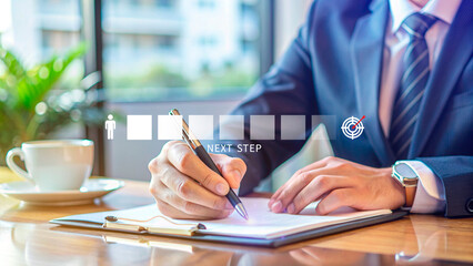 Next step business concept, Goal and target, Success and business target, Next step of work, plan, strategies, vision, project implementation