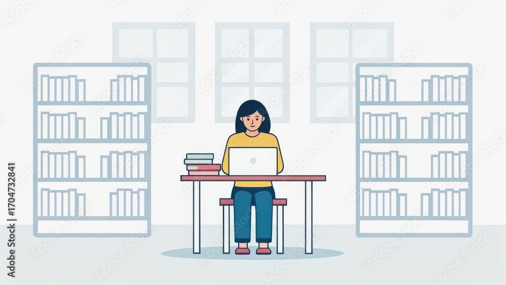 Poster laptop user library concept. a person working on a laptop in a library setting.