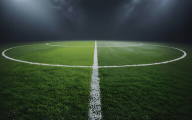 Obraz premium Professional soccer stadium illuminated by spotlights at night with lush green field and white lines illustration