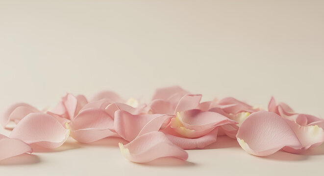 Soft pink rose petals scattered on a light background, delicate floral composition with romantic atmosphere
