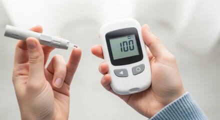 Person holding glucometer showing one hundred with lancet and blood drop in other hand