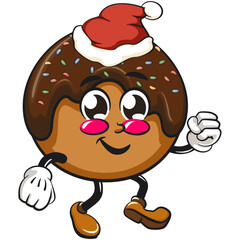 cute chocolate ball mascot character vector illustration walking while wearing a santa hat, work of hand drawn