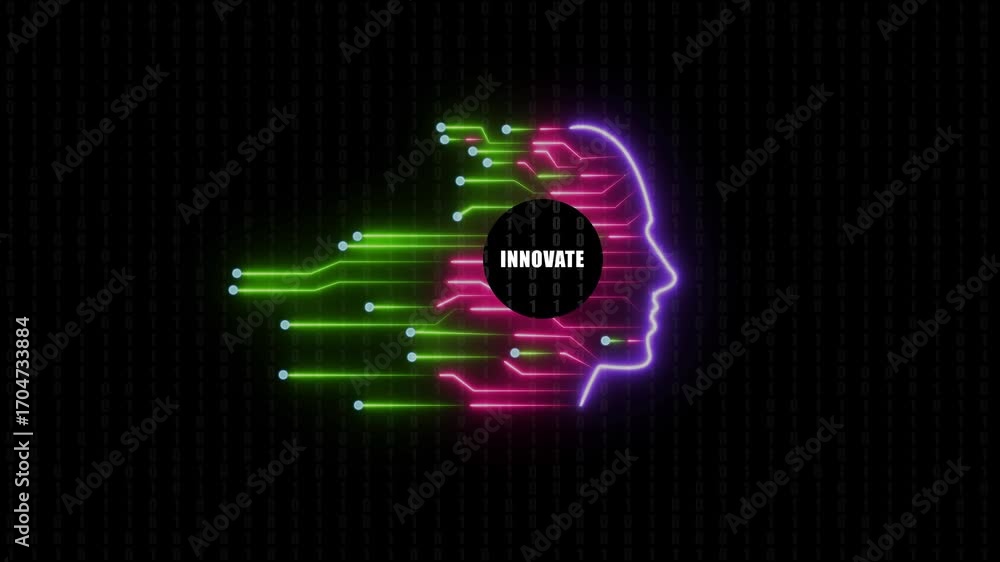 Poster human head silhouette with neon circuits and binary code background representing innovation and digi
