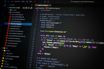 Close-up of Bash shell script fieldsFromType.sh in VSCode with local variables, regex, and while loop, symbolizing DevOps, automation, scripting, programming, and modern digital technology.