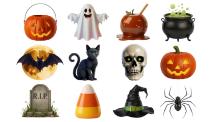 Spooky Halloween icons collection featuring pumpkins, ghosts, bats, skulls, candy, witches hats, and spiders for festive designs and celebrations