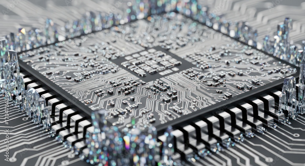 Poster intricate motherboard architecture illuminated with crystalline structures of innovation and