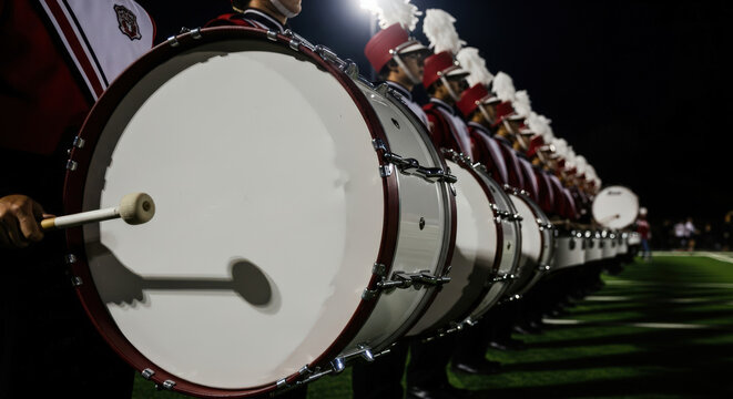 Marching Band Bass Drums A Powerful Display of Rhythm and Precision Under the Night Sky on the Football Field for School Spirit and Performance