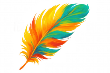Vibrant, multicolored bird feather painting isolated on a transparent background, ideal for creative projects