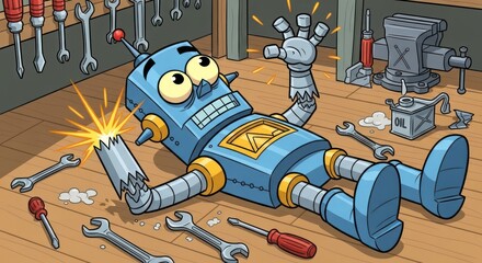 Cartoon Robot Breakdown on Workshop Floor surrounded by Tools needing urgent fixing repair