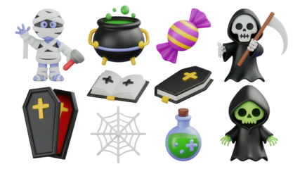 Spooky Halloween icons collection featuring cute mummy, grim reaper, cauldron, coffin, potion, candy, and spiderweb for festive celebrations and design projects.