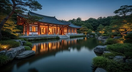 Fototapeta premium Tranquil waterside temple architecture illuminated at twilight landscape scenery
