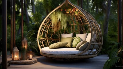 Obraz premium Lush tropical oasis featuring a hanging wicker lounger with decorative lanterns at dusk
