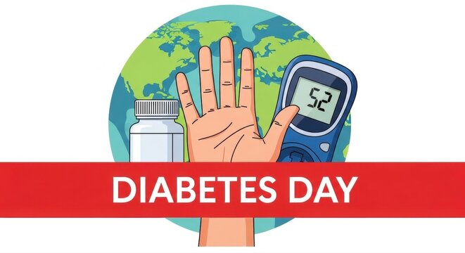 Illustration showing diabetes day with a hand glucose meter and medication bottle on earth background