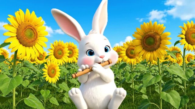 cute cartoon rabbit playing flute in sunflower field