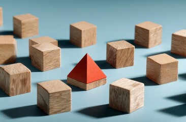 Red pyramid amidst light-brown cubes