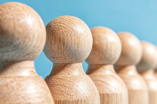 Wooden figurines in a line against a light blue background