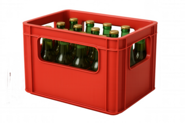 Red plastic crate containing twelve green glass beer bottles, golden caps gleaming, sitting against transparent background, perfect for packaging design