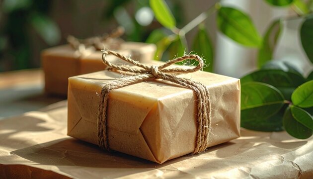 Luxurious handmade soap wrapped in kraft paper with twine on a sunlit windowsill for spa day promotions