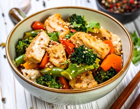 Stir-fried chicken with vegetables and rice
